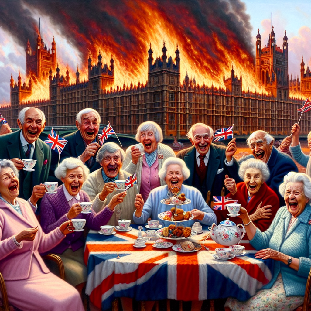 Elderly Protesters: Waving Flags as Chaos Ignites Behind