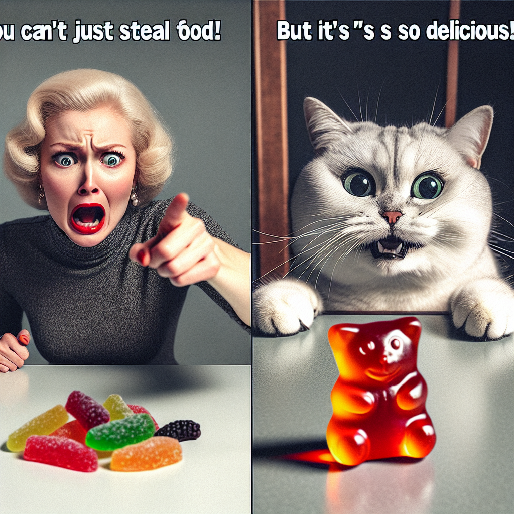 Cat's Sweet Betrayal: Gummy Bear Thief