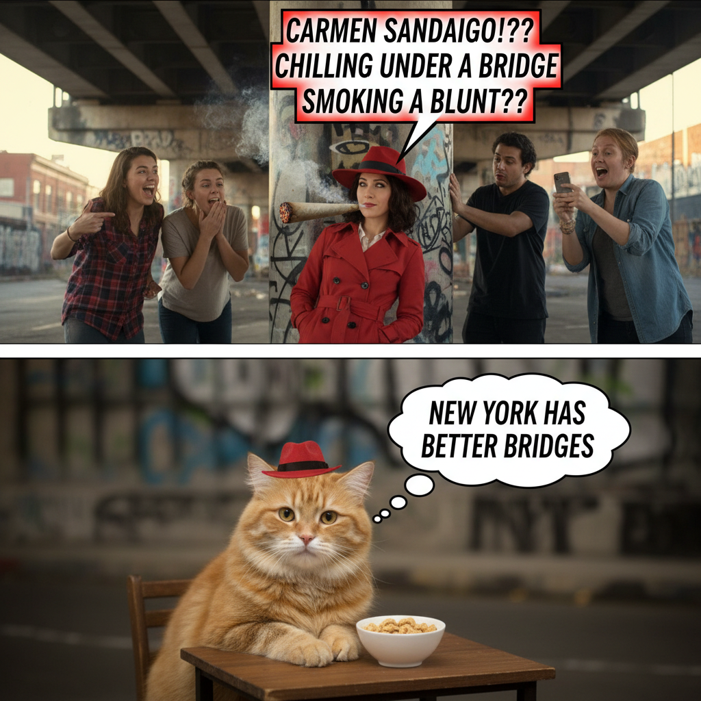 Carmen Sandiego Under the Bridge: Surprise Smoker Meme
