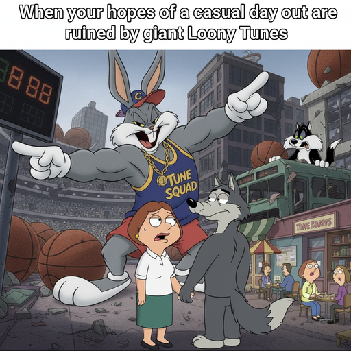 When You're Just a Regular Mom but End Up Next to Giant Bugs Bunny